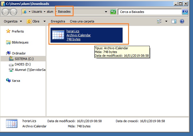 3. Fitxer horari.ics descarregat